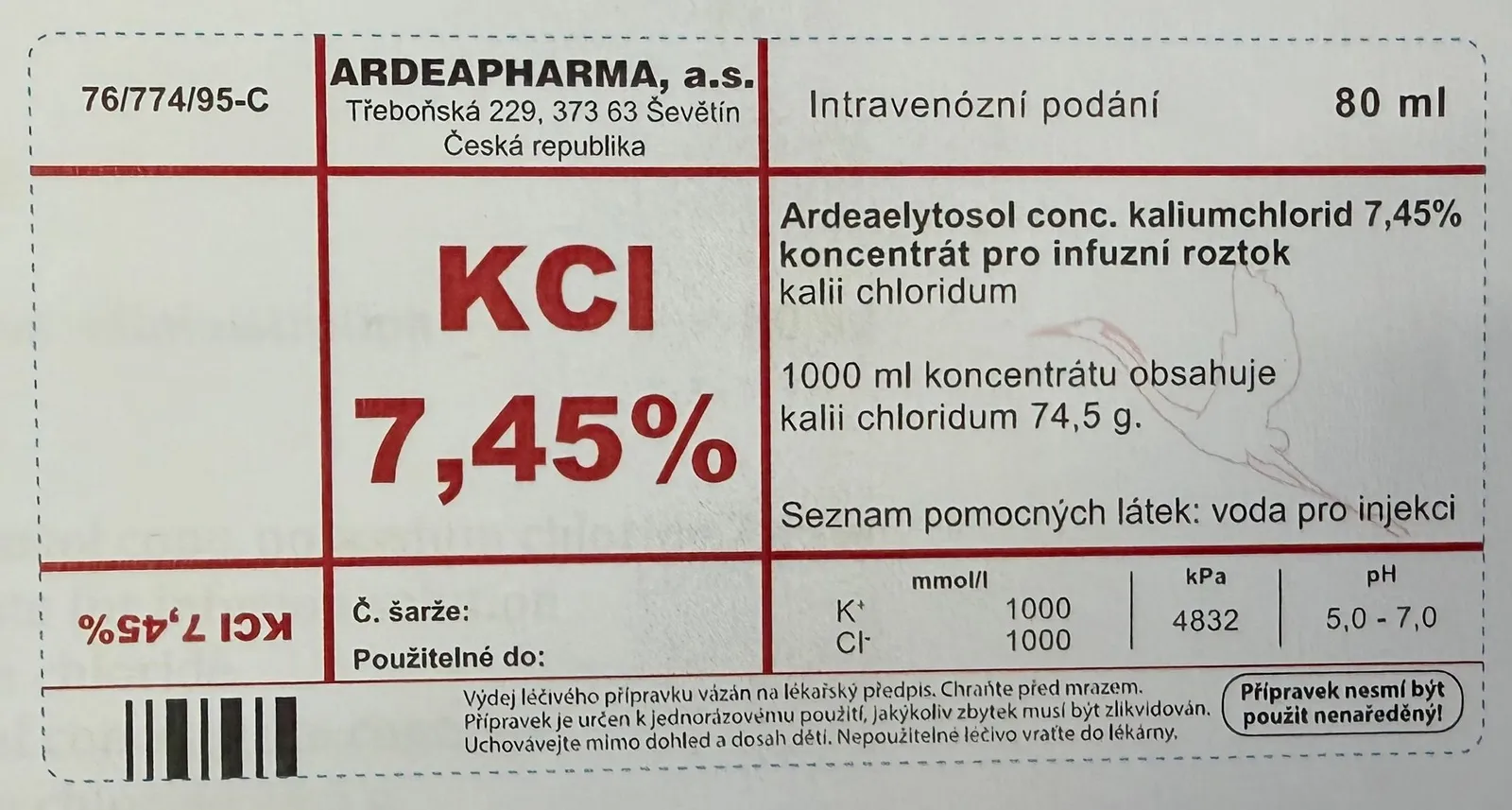არდეაელიტოსოლი კონც. კალიუმის ქლორიდი 7,45%
