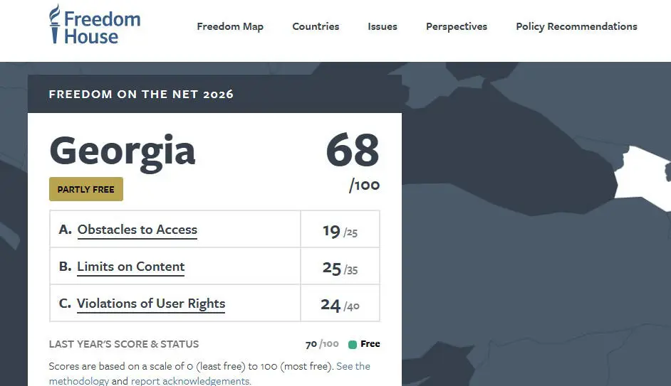 Freedom House-ის ანგარიშის თანახმად, საქართველოს ინტერნეტის თავისუფლების სტატუსი „თავისუფალის“ ნაცვლად „ნაწილობრივ თავისუფალი“ გახდა