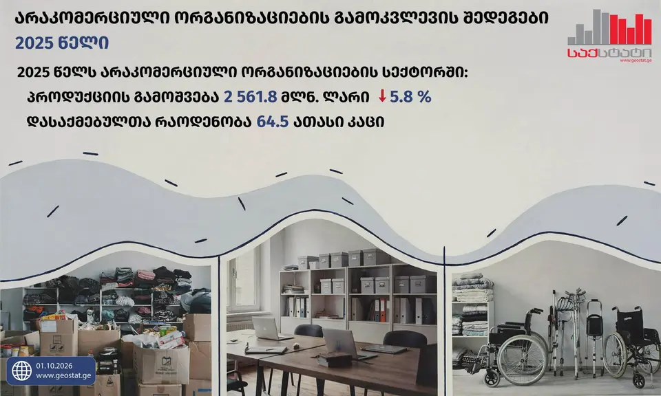 „საქსტატი“ - 2025 წელს არაკომერციული ორგანიზაციების ბრუნვის მოცულობამ დამხმარე კომერციული საქმიანობიდან 280.1 მლნ ლარი შეადგინა, რაც 2024 წელთან შედარებით 0.4%-ით ნაკლებია